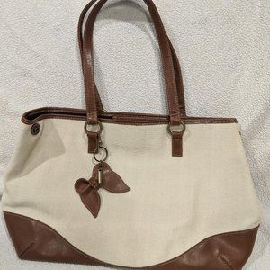 Coldwater Creek Canvas Tote Handbag Faux Leather Trom and Bow w. Pouch